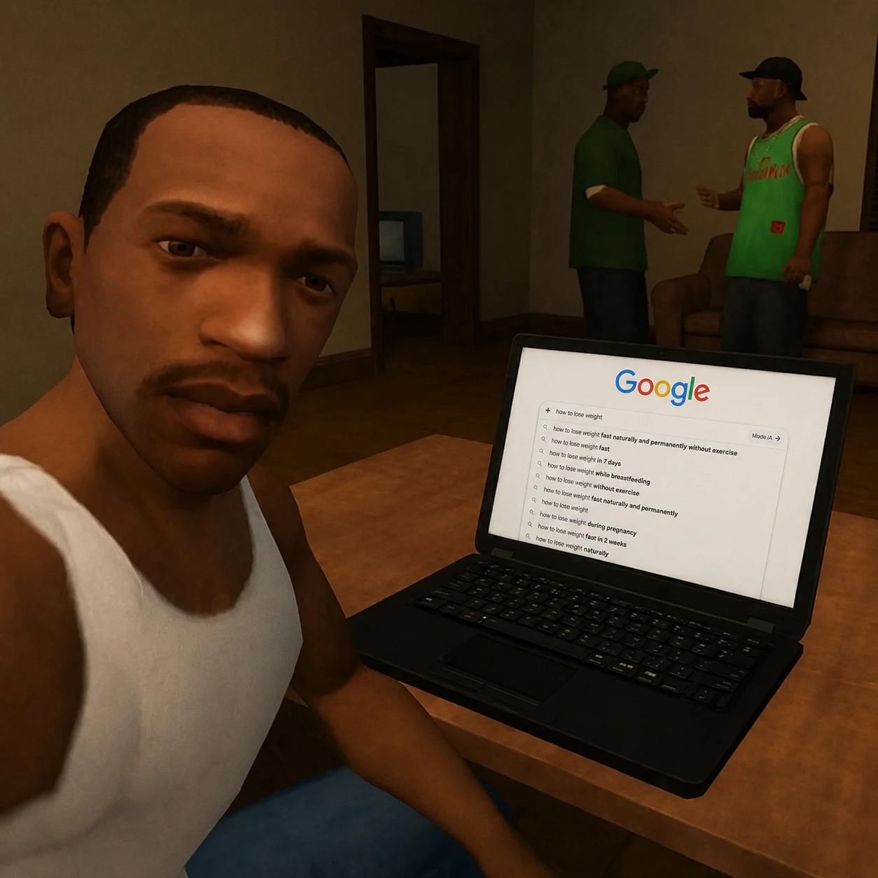 CJ sitting at a laptop, staring at the camera, with Google autocompleting 'how to lose weight'.
