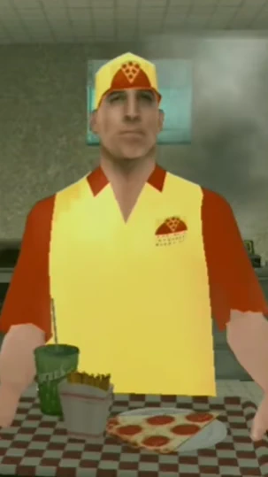 A Burger Shot employee behind a counter with fries, a drink and a slice.